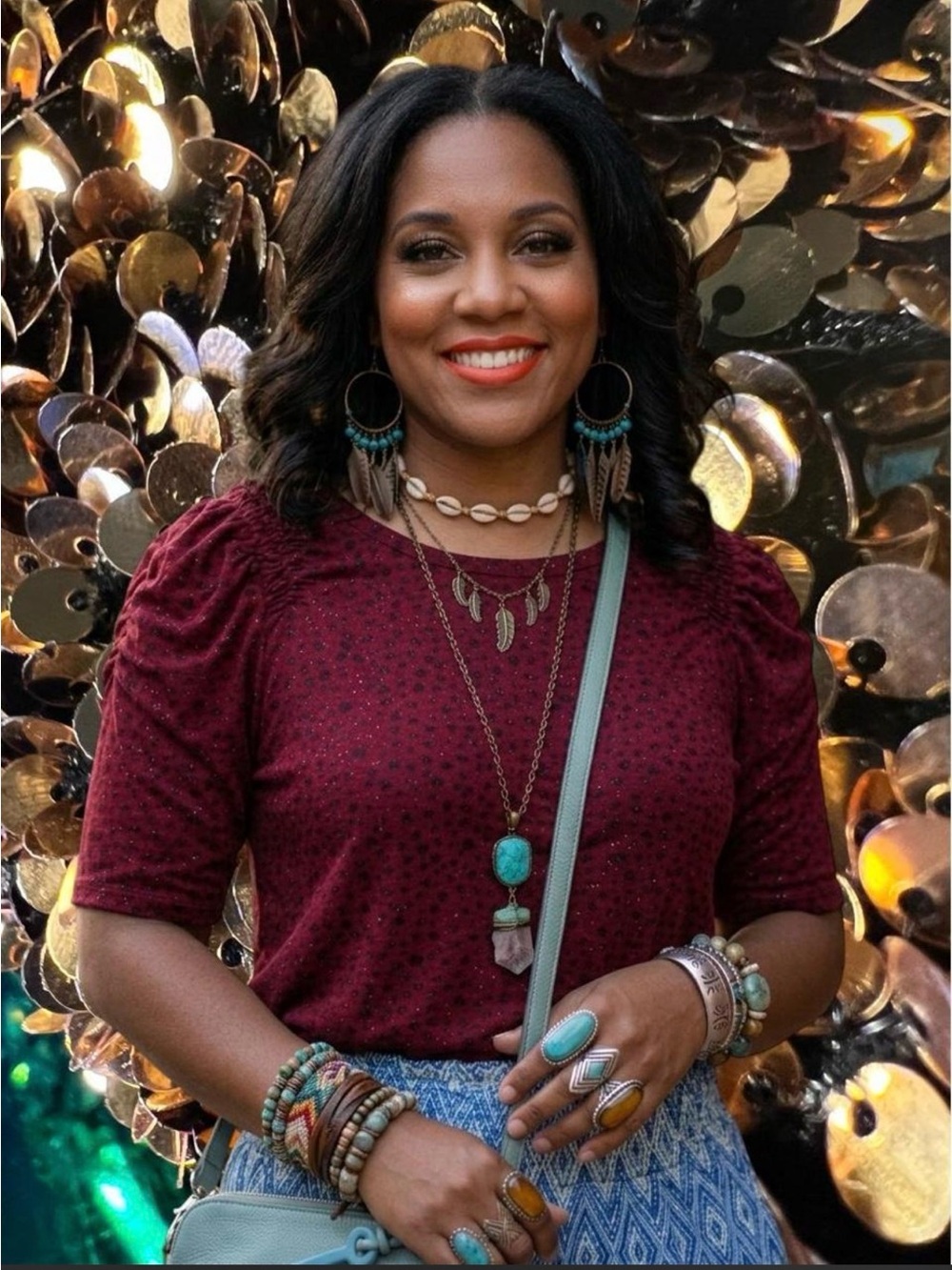 Brick Brown Ruched Sleeve Speckled Sparkles Top